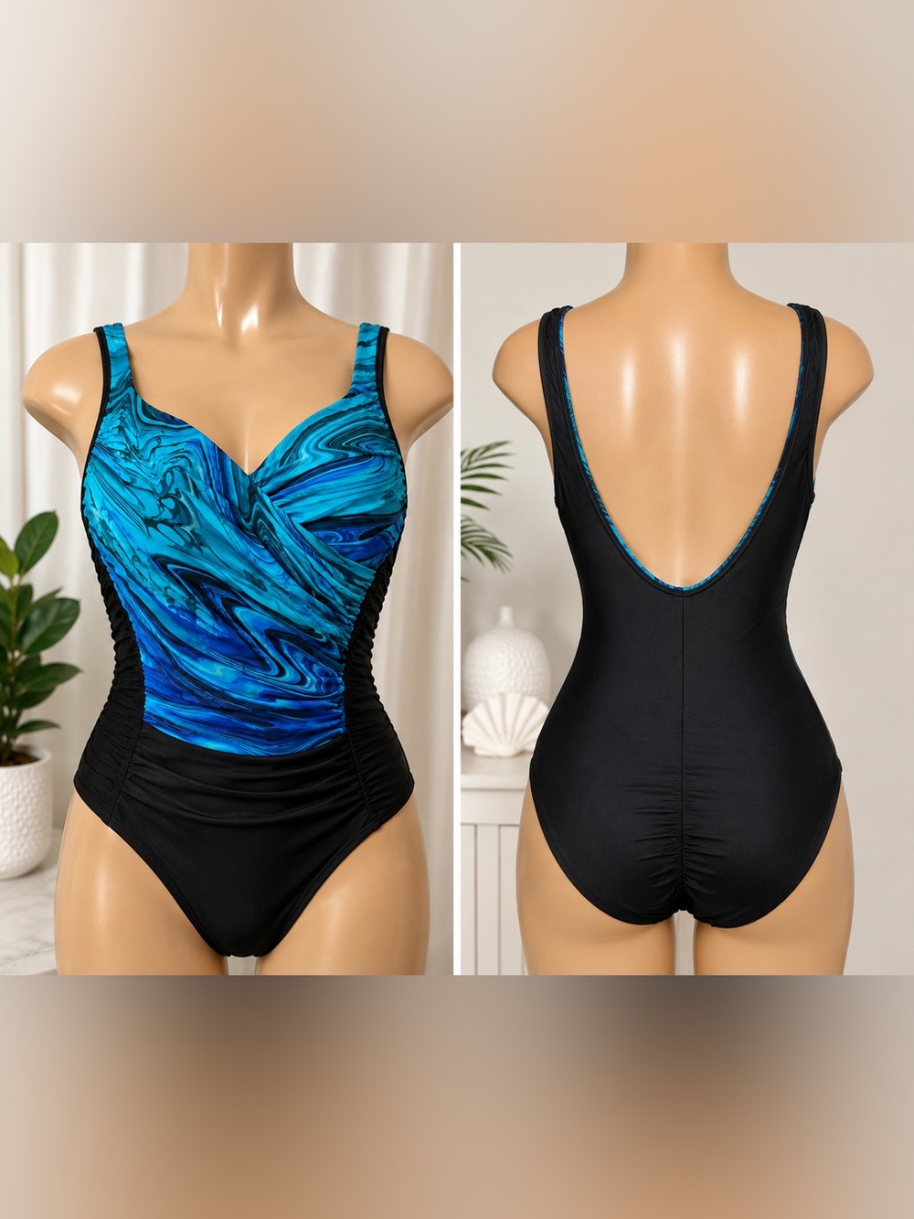 Miraclesuit One Piece Blue Black Marble Swimsuit Tummy Control Large Resortwear